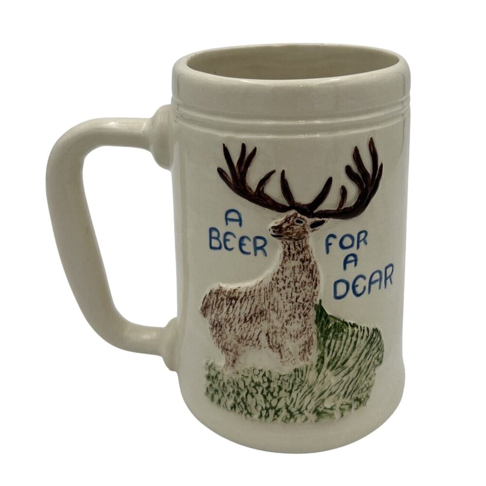 Vintage Alice Kovar 1983 Beer Stein Ceramic 5.75" "A Beer for a Dear" Fishing